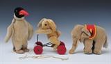 Group of Seven Steiff Stuffed Animals
Comprising a penguin, 13" high, a standing rabbit, 16" high, a Kangaroo with velvet Joey, 18" high, a rabbit pull-toy, 9 1/2" high, an elephant, 8 1/2" high, a horse, 9" high, and a seated monkey, 8 1/2" high..  Bid at www.fairfieldauction.com today through Wed. July 20th