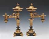 Pair of Smethurst Argand Lamps
Bronze with marble plinth base impressed on the side "SMETHURST / PATENT / NEW BOND STREET" 18 1/2" high, 12" wide across arm.  Bid at www.fairfieldauction.com today through Wed. July 20th
