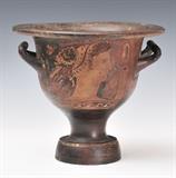 Apulian "Bell Krater"
Magna Gracea, circa 350 BC Decorated with a figure on one side, a face on the other. Inside of foot with Metropolitan Museum Loan Exhibition sticker. 9" high; 10 1/4" wide.  Bid at www.fairfieldauction.com today through Wed. July 20th