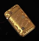 Victorian 14k Gold Match Safe
set with diamonds, sapphires and rubies 2 1/2" x 1 1/2", 21.7 dwt gross inscribed "JLE from FME, 1900".  Bid at www.fairfieldauction.com today through Wed. July 20th