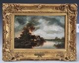 Jules Dupre
Thatch cottage by a pond oil on panel, 8 1/4" x 12 1/4" signed lower right, back fo panel with label fragments