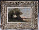 Manner of Jean-Baptiste-Camille Corot
Landscape with figure oil on canvas, 10 1/2" x 16 1/4" signed lower left