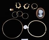 Group of 14k Gold Jewelry
Including two bracelets, earrings and a carnelian and seed-pearl cameo brooch 14.3 dwt weighable.  Bid at www.fairfieldauction.com today through Wed. July 20th