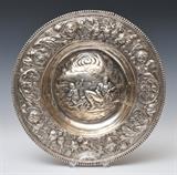 Continental Repousse Silver Basin
with wide border 14" diameter 31 troy ounces, unmarked at least .800 standard 18th century.  Bid at www.fairfieldauction.com today through Wed. July 20th