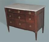 Louis XVI Style Marble-Top Walnut Commode
with three short drawers over two blocked front long drawers, fluted corner columns. 34 3/4" x 44 1/4" x 21 1/2"  late 19th century.  Bid at www.fairfieldauction.com today through Wed. July 20th