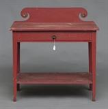 American Painted Washtable
With scrolled backsplash, long drawer and platform stretcher. 35" high, 34" wide, 19 1/2" deep.  Bid at www.fairfieldauction.com today through Wed. July 20th