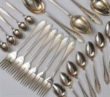 German 800 Silver Flatware Set
124 pieces, with bird mark "W4" and 4-leaf clover marks, comprising: (12) dinner knives, 10" L, (12) dinner forks, 8 1/2" L, (11) table spoons, 8 1/4" L, (11) teaspoons, 5 3/4" L, (12) dessert forks, 7 3/4" L, (12) fish forks, 7" L, (12) fish knives, 8 1/2" L, (12) dessert knives, 8 1/4" L, (12) demitasse spoons, 4 1/4" L, (12) shellfish picks, 3 3/8" L and 6 assorted serving pieces. 152.0 troy ounces weighable..  Bid at www.fairfieldauction.com today through Wed. July 20th