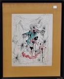 Leonor Fini
Surrealist figure ink and watercolor on paper signed lower right 14" x 11" (sight).  Bid at www.fairfieldauction.com today through Wed. July 20th