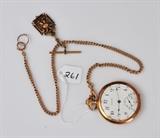 Waltham 14k Gold Pocket Watch
with second sweep hand 2" diameter on a gold fob with a double eagle enameled pendant 82 dwt gross.  Bid at www.fairfieldauction.com today through Wed. July 20th