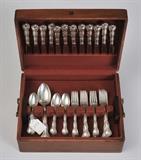 Gorham Sterling Silver Flatware
Partial service, Rondo pattern, comprising (12) 7" forks, (12) 6 1/2" forks, (12) 8 3/4" knives with weighted handles and stainless steel blades, (20) 5 3/4" spoons, (1) 5 3/4" pickle fork; (1) 6" shell-form sugar spoon 58.6 ozt (weighable).  Bid at www.fairfieldauction.com today through Wed. July 20th