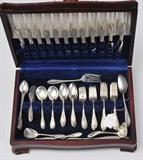 96-Piece Manchester Co Sterling Flatware Set
Gadroonette pattern, 1938, comprising: (12) knives with stainless steel blades, 8 3/4", (12) forks, 7", (12) salad/dessert forks (6 1/4"), (20) teaspoons, 6", (12) bouillon spoons, 6", (12) butter spreaders, 5 3/4", (8) iced-tea spoons, 7 1/2", (1) fruit knife, 8 1/2", (1) cheese knife, 7 1/4", and (6) serving pieces. 86.4 troy ounces weighable.  Bid at www.fairfieldauction.com today through Wed. July 20th