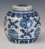 Chinese Blue and White Ginger Jar
with cover, unmarked 8 1/4" high x 8 3/4" diameter 19th century.  Bid at www.fairfieldauction.com today through Wed. July 20th