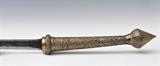 Tibetan Temple Sword
The blade inlaid with figures and inscriptions, the handle and scabbard with heavily worked relief decoration. Blade 30 3/4" long, overall length 49".  Bid at www.fairfieldauction.com today through Wed. July 20th