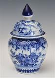 Chinese Blue and White Covered Jar
With domed cover and floral decoration, unmarked. 9 1/2" high x 5 1/2" diameter Probably late 19th century.  Bid at www.fairfieldauction.com today through Wed. July 20th