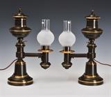 Pair of Hooper Classical Argand Lamps
Arm marked "MANUFACTURED BY / H.N. HOOPER & Co / BOSTON", circa 1830 brass, bronze and glass 14 1/2" high overall.  Bid at www.fairfieldauction.com today through Wed. July 20th