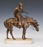 Rene Paris Bronze
depicting a Russian Cossack on a white marble base inscribed "RENE PARIS" 16 3/4" height overall; 14" long; 4" depth of base.  Bid at www.fairfieldauction.com today through Wed. July 20th