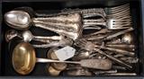 Group of Sterling Silver Flatware
Partial set of Whiting, Louis XV pattern, monogrammed, comprising (12) 8" spoons, (12) 7 1/4" forks, (7) 5 3/4" spoons, (12) 5 1/4" bouillon spoons, (1) 6 3/4" ladle, (1) 5 3/4" sardine fork; together with (3) Gorham 5 3/4" spoons, (1) 6 1/2" American sterling soup spoon; (1) Russian 10 1/4" ladle; (7) 6 7/8" forks with weighted handles and (9) vanity articles.  71.7 ozt (weighable).  Bid at www.fairfieldauction.com today through Wed. July 20th