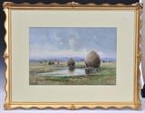 Burt L. Roys
Landscape with haystacks signed "BL Roys" lower left watercolor on paper, 13 1/4" x 19 1/2" (sight).  Bid at www.fairfieldauction.com today through Wed. July 20th