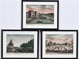 Group of Three Dutch Landscape Engravings
Handcolored, comprising "Vue de la Porte de Muiden au cote du Plantage" by Lieselt after Beyer; and Amsterdam winter scene and a view of a Leyden canal. Each 11 1/2" x 16" (sight).  Bid at www.fairfieldauction.com today through Wed. July 20th