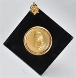 Gilt Repousse Admiral Nelson Roundel
Marked "ADMIRAL LORD NELSON / Born 29 Sept 1758"; the paper backing with accession number 86.1967; in a black lacquered frame with brass mounts. Medallion 2 1/4" diameter; framed on the diagonal 6" x 6".  Bid at www.fairfieldauction.com today through Wed. July 20th