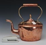 Large Copper Kettle
With brass elements 16 1/4" high, 17" across spout, approximately 11 1/2" diameter.  Bid at www.fairfieldauction.com today through Wed. July 20th