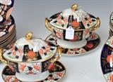 Assembled Imari Porcelain Group
34 pieces, comprising (12) plates, 8 1/2" diam., (2) covered compote dishes with matching underplates, a lobed oval platter, 10" x 7", together with (17) Mason's Ironstone Imari pattern plates, 9 1/2" diam..  Bid at www.fairfieldauction.com today through Wed. July 20th