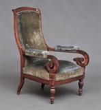 Louis Philippe Open Armchair
With blue velvet upholstery. 41 1/2" high, 26 3/4" wide, 30 1/2" deep.  Bid at www.fairfieldauction.com today through Wed. July 20th