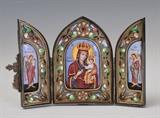 Russian Silver Enameled Triptych
Late 19th century Depicting the Madonna and child, flanked by angels, with enameled decoration both on the front and inside. 3 3/4" high, 2 3/4" wide closed, 5 3/4" wide open 8.5 ozt gross weight.  Bid at www.fairfieldauction.com today through Wed. July 20th