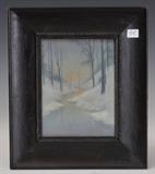 Sara Sax Rookwood Pottery Scenic Plaque
"Winter Brook" signed lower right With vellum glaze, back bearing old paper label.  Bid at www.fairfieldauction.com today through Wed. July 20th