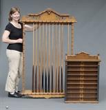 WH Griffith & Co. Faux Bamboo Maple Pool Table
New York, Late 19th Century With cue rack, 11 cues and scoring beads; table with plaque at one end, rack incised at top. table: 35" high, 95" long, 53" wide rack: 63 1/2" x 40 1/2".  Bid at www.fairfieldauction.com today through Wed. July 20th