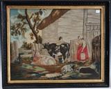 Continental Wool on Silk Picture
19th century depicting cows in a barnyard 17" x 21 1/2".  Bid at www.fairfieldauction.com today through Wed. July 20th
