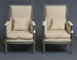 Pair of Louis XVI Parcel Gilt Armchairs
With green paint and beige upholstery, two throw pillows. 38 1/2" high, 24 3/4" wide, 24" deep.  Bid at www.fairfieldauction.com today through Wed. July 20th