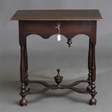 English William & Mary Dressing Table
Oak, shaped X-stretchers 27" high, 26 1/2" wide, 18" deep.  Bid at www.fairfieldauction.com today through Wed. July 20th