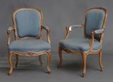 Pair of Louis XV Open Armchairs
Carved fruitwood, with blue upholstery with cream dots. 34 1/2" high, 23" wide, 19" deep.  Bid at www.fairfieldauction.com today through Wed. July 20th