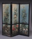 Victorian Three Panel Dressing Screen
One side with divided oil-painted canvas panels with floral decoration, one inscribed "Phoebe Brown 1866", the other side with printed silk. Each panel 77" high, 27 1/2" wide.  Bid at www.fairfieldauction.com today through Wed. July 20th