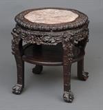 Chinese Export Marble-Top Plant Stand
Late 19th/early 20th century 17 3/4" high, 16 1/2" diameter of top.  Bid at www.fairfieldauction.com today through Wed. July 20th