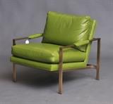 Milo Baughman Lounge Chair
Frame in chrome with green leather upholstery 31" high, 30" wide, 32" deep.  Bid at www.fairfieldauction.com today through Wed. July 20th