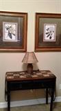 Very Nice wood Hall Table with Lamp. Framed still life (2)