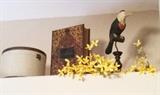 Cloth covered round box, Tropical bird on perch decor