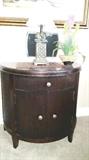 Half round 2 door dark wood cabinet/nightstand (2). Elephant lamp