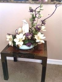 Asian style table. Large magnolia silk arrangement with asian statue