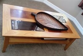 Wood and glass coffee table. Large wood leaf serving tray