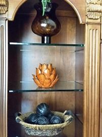 Large basket with decorative wood orbs. Wood lotus candleholder
