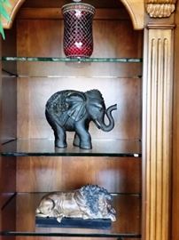 Ceramic elephant. Resin lion, Red mosiac glass candleholder