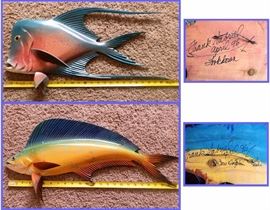 HAndpainted wood fish up close, signature on back