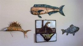 Large metal dolphin fish and Copper sailfish by Copper Creations signed Bruce Trewyn. Metal Stingray wall decor. Mosiac tile and metal fish plaque