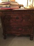 Side Table with storage, nice carved detail on the drawers, flower baskets. There are two of these.