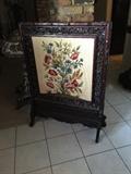 Antique, English fire screen, highly carved, needlepoint center detail