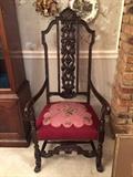 French carved Louis XIII high back arm chair with ornate carving. c1840-1870