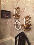 Italian lighted wall sconces, metal with porcelain flowers